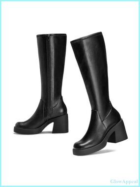 FITORY Women's Knee High Platform Block Heel Square Toe Boots